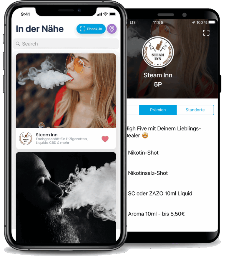 Mankido App auf zwei Smartphones mit dem Steam Inn Profil und Prämien