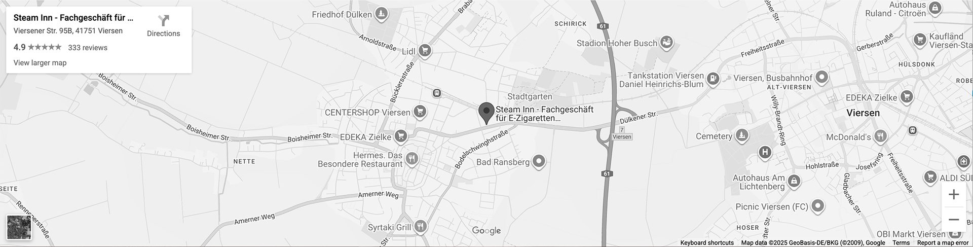 Kartenausschnitt Viersen mit dem Standort von Steam Inn an der Viersener Straße